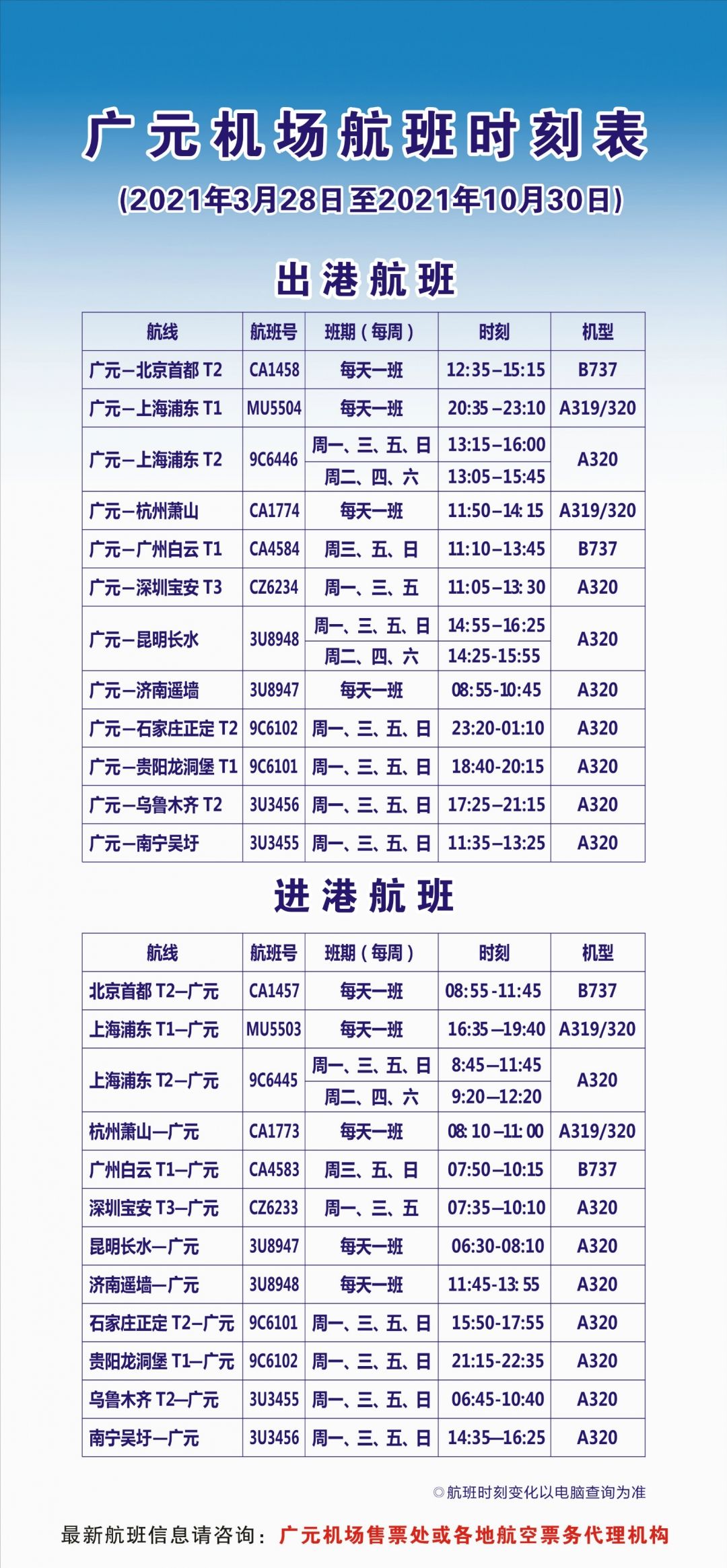 廣元機場航班時間調整!